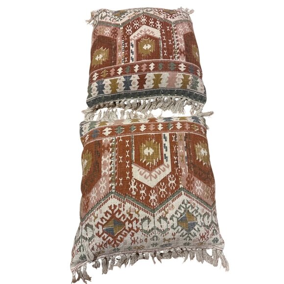 2 Bohemian Kilim Style Throw Pillow With Fringe 22 x 22”Multicolor Cotton - Picture 9 of 16